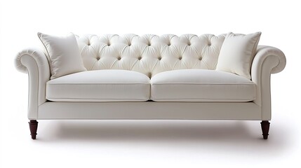 Fototapeta premium A stylish, white, tufted sofa with plush cushions, featuring elegant rolled arms, perfect for any modern living space.