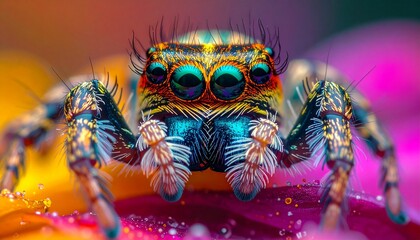 A colorful jumping spider with large eyes sits on a flower petal, showcasing its vibrant colors and intricate details.