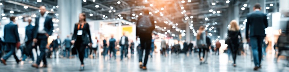 blurred business people walking at a trade fair, conference or walking in a modern hall. High quality