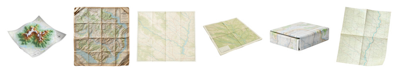 Map set including vintage, folded, crumpled, topographic, and flat paper styles isolated. Navigation and exploration elements.