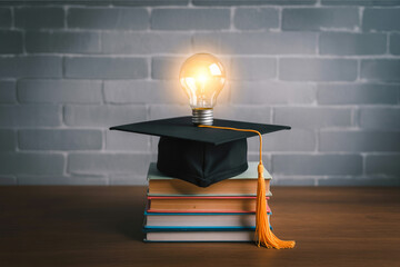 Ignite your learning journey with brilliant ideas symbolized by a graduation cap atop stacked books and a glowing lightbulb