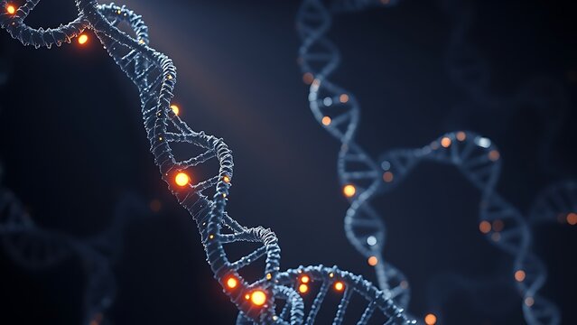 Dark DNA strands glowing under artificial light, revealing intricate hidden patterns.