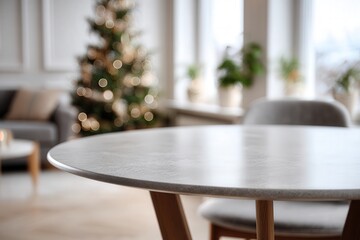 Cozy living room with a christmas tree and a round table in the foreground, perfect for holiday gatherings and festive decor