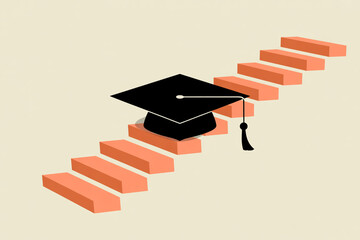 Ascending graduation cap on stairs symbolizes academic achievement, educational progress, and the journey towards future success and career advancement