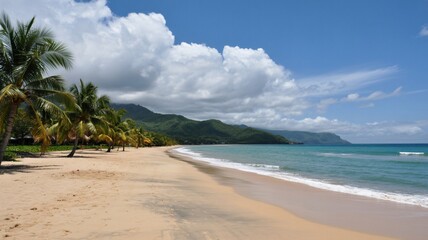 Obraz premium Tropical paradise beach escape with palm trees and blue ocean