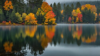 Fototapeta premium A tranquil forestal autumn scene of vibrant orange and yellow trees mirrored in a lake. Serene picturesque landscape with calm water reflecting the colorful fall season foliage.