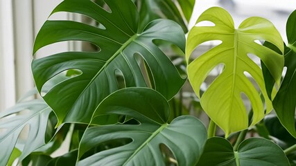 Lush green monstera leaves in a bright indoor setting, showcasing vibrant foliage and natural beauty - Powered by Adobe