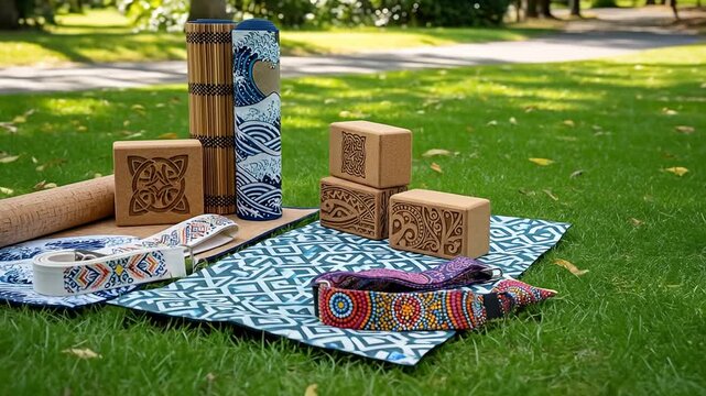 Colorful handcrafted items displayed on a patterned mat in a serene park setting