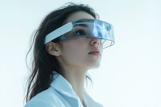 A woman wearing futuristic transparent glasses, exploring augmented reality or virtual worlds.