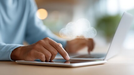 Businessman utilizing a tablet and laptop, engaging with a cloud computing hologram while working on artificial intelligence and machine learning processes in a modern office setting