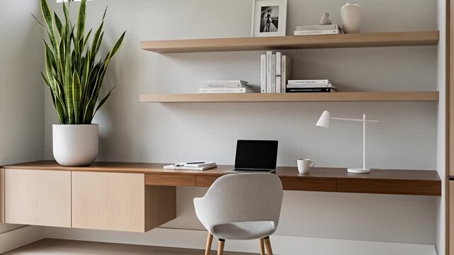 Modern home office setup featuring a sleek desk, chair, and decorative plant in a bright room