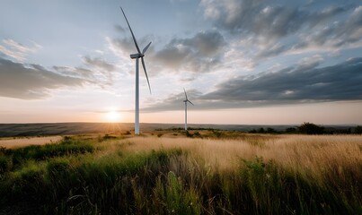 Obraz premium Wind turbine field at sunset, cinematic warm light, wide-angle view