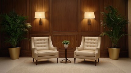 Fototapeta premium A cozy seating area featuring two cream-colored armchairs, a small table, and decorative plants against a rich wooden backdrop.