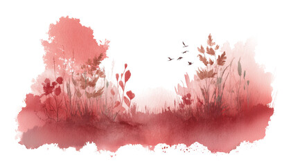Watercolor abstract illustration of a forest autumn scene in deep red and burgundy tones. Suitable for seasonal design projects, greeting cards, posters, invitations, and creative compositions.