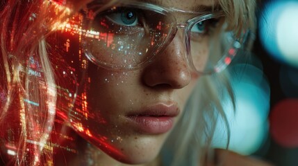 Closeup portrait of a young woman with blonde hair and blue eyes, wearing futuristic glasses, with digital data overlay and bokeh lights in the background, conveying a sense of technology and cybernet
