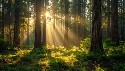 Fototapeta premium Sunlight streams through tall trees in a lush forest floor, illuminating the vibrant greenery.