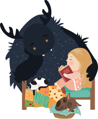 Little girl reading fairy tales to the monster. Vector illustration