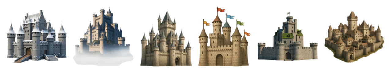 Fantasy castle set including medieval, royal, fortified, and snowy designs isolated. Architectural elements for design and storytelling.