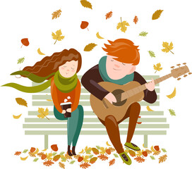 Boy plays guitar for a girl in the autumn park. Vector illustration