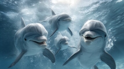 Group of dolphins playfully swimming underwater in ocean captured in gigapixel detail joyful marine life experience