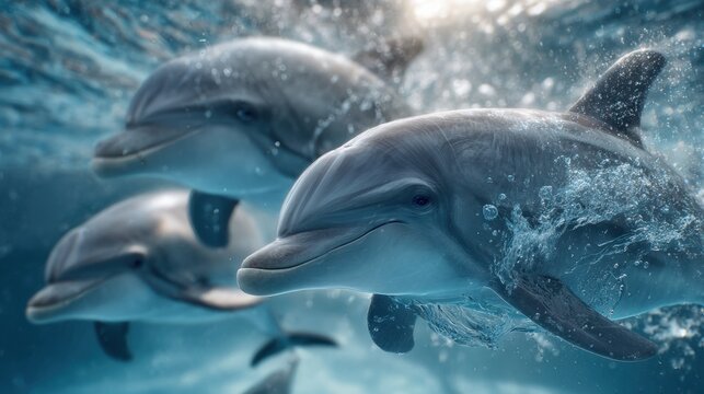Dolphins playfully swimming in crystal clear waters ocean wildlife photography underwater close-up joyful marine life experience