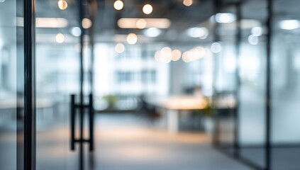 Blurred office interior background with a blurred door and glass wall, blurry bokeh light effect...