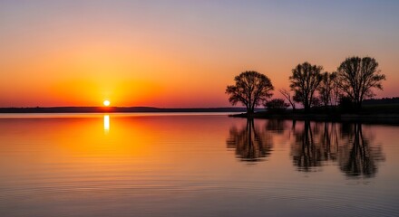 Obraz premium Sunrise over Calm Lake with Trees.