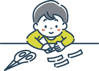 笑顔で工作をする男の子のイラスト素材