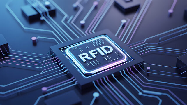 RFID chip on motherboard, modern technology concept design