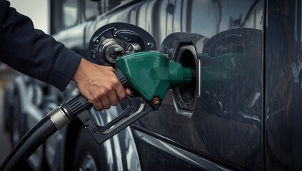 A hand fills a truck's fuel tank with a green nozzle at a fueling station, showcasing a moment of everyday transport maintenance.
