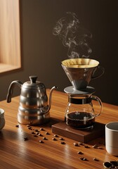  Artisanal Coffee Brewing Flatlay with Pour Over Dripper, Kettle, Ceramic Cups, and Roasted Beans on Walnut Table
