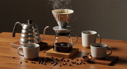  Artisanal Coffee Brewing Flatlay with Pour Over Dripper, Kettle, Ceramic Cups, and Roasted Beans on Walnut Table