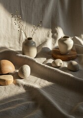 Natural Linen Textile Flatlay with Ceramic Vessel, Organic Wood Elements, and Stone Objects for Eco Branding