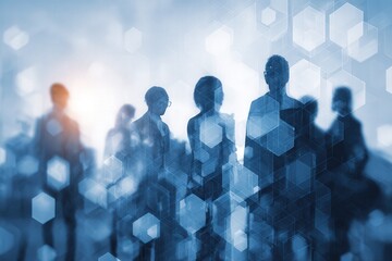 Silhouettes of business people standing together with a futuristic blue hexagonal overlay, representing teamwork and corporate strategy in a modern digital world