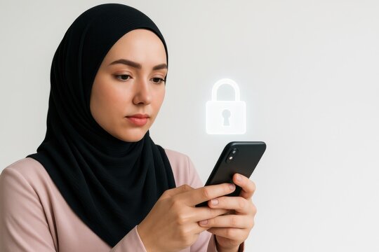Young Malay woman using smartphone with cybersecurity concept