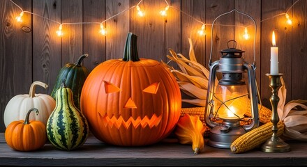 Spooky jack o lantern and autumn harvest decorations glow under string lights
