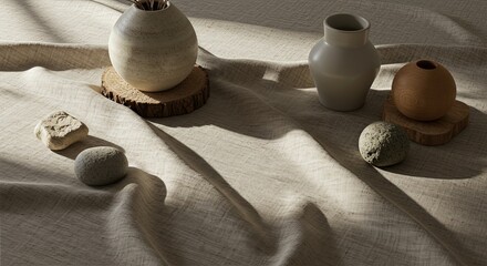 Natural Linen Textile Flatlay with Ceramic Vessel, Organic Wood Elements, and Stone Objects for Eco Branding