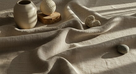 Natural Linen Textile Flatlay with Ceramic Vessel, Organic Wood Elements, and Stone Objects for Eco Branding