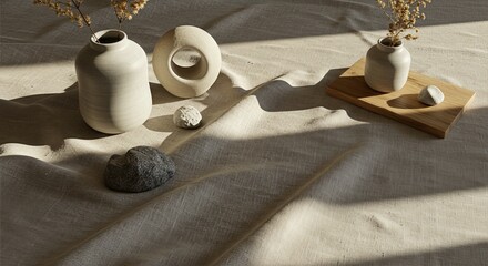 Natural Linen Textile Flatlay with Ceramic Vessel, Organic Wood Elements, and Stone Objects for Eco Branding