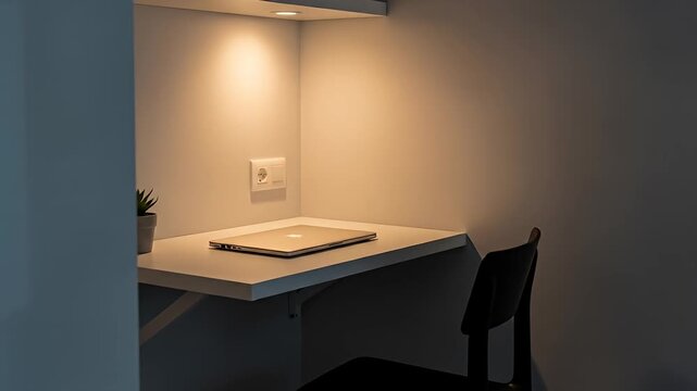 Minimalist workspace with a laptop on a desk, soft lighting, and a plant in the background