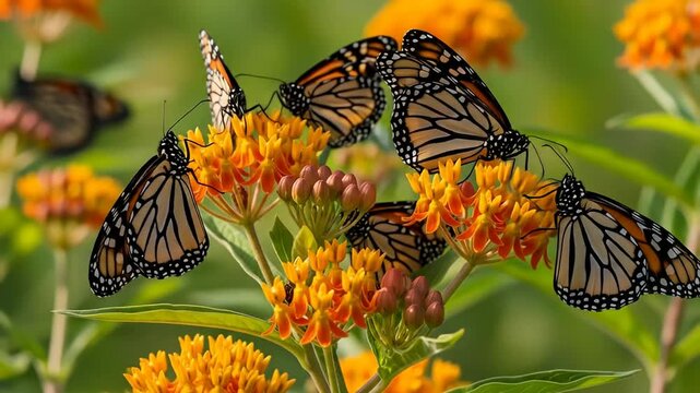 A vibrant scene of monarch butterflies feeding on bright orange flowers in a lush garden (1)