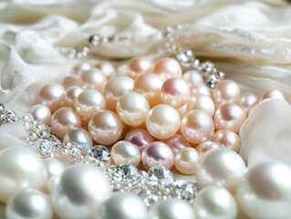 A stunning arrangement of various pearls and sparkling jewelry pieces rests on soft, luxurious fabric. The scene highlights the elegance and beauty of the accessories.