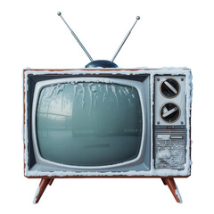 Vintage television covered in snow retro TV with winter weather concept on Transparent Background