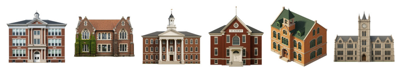 Naklejka premium Historic academic building set including classic, Gothic, and collegiate architectural styles isolated. Education and campus facilities.