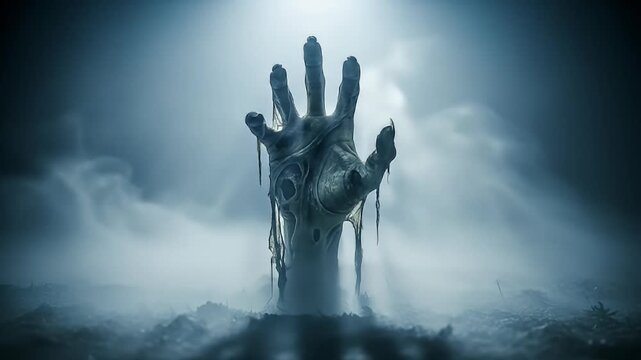 horror zombie hand rises from ground spooky fog