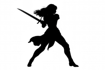 Black silhouette of a female warrior brandishing a sword, ready for battle, isolated on a transparent background