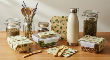 Sustainable Zero Waste Lifestyle Flatlay with Glass Jars Bamboo Utensils Beeswax Wrap and Bulk Ingredients