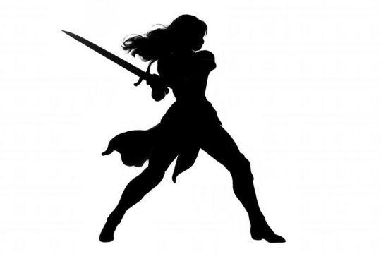 Black silhouette of a female warrior brandishing a sword, ready for battle, isolated on a transparent background