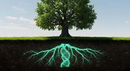 Symbolic tree of life with its roots transforming into a glowing DNA double helix, representing genetics, heredity, and the code of nature