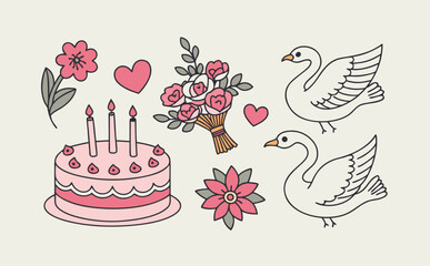 A love-filled illustration combining multiple doodle objects such as swans, doves, floral bouquets, and a heart-decorated birthday cake with glowing candles
